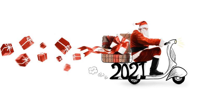 Santa Claus on scooter delivering Christmas or New Year 2021 gifts at orange background
