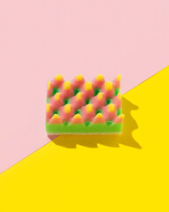 Creative layout with sponge for dishwashing on multicolor background