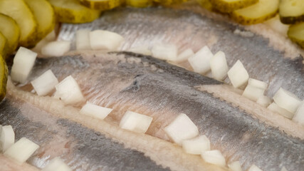 fillet Soused herring with onion and dill pickles cucumbers