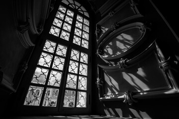 Interior of orthodox church, baroque style with window, shadows and sun light, black and white picture