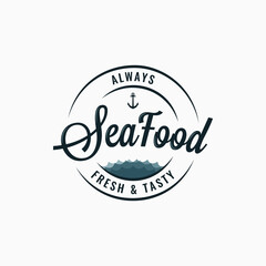 Seafood round logo. Sea food lettering on white