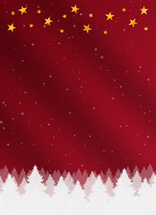 A red Christmas background illustration with light snow falling and rows of white fir trees at the bottom.