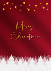 Merry Christmas in gold script on a ruby red card design, with silhouette fir trees on the bottom, and gold star shapes at the top. There is a diagonal gradient offering a smooth wavy  texture