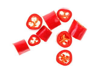 Top view of red chopped chili peppers isolated on a white background