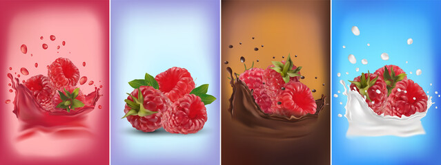 3D realistic raspberry in milk splash and chocolate splash. Juice raspberry with drops. Fresh red raspberry on transparent background. Organic berries.Detailed vector illustration.