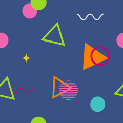 Abstract seamless colorful pattern in trendy memphis style. Background for printing brochure, poster, vintage textile design, cover, banner. Retro 80's - 90's style. Eps 10 vector illustration.