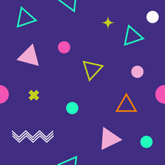 Fototapeta premium Abstract seamless colorful pattern in trendy memphis style. Background for printing brochure, poster, vintage textile design, cover, banner. Retro 80's - 90's style. Eps 10 vector illustration.