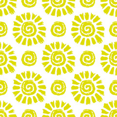 Bright yellow suns isolated on white background. Cute summer seamless pattern. Vector flat graphic hand drawn illustration. Texture.