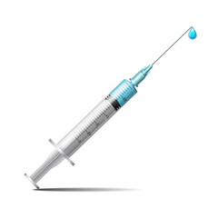 Fototapeta premium Syringe with blue liquid. Syringe with needle for medical drug injection, vaccine for care and treatment.
