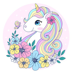 Cute unicorn with surrounded by flowers and butterflies. Vector illustration