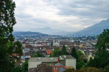 Fototapeta na wymiar Lucerne medieval town panorama from defence wall. Switzerland