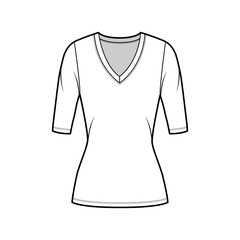 Deep V-neck jersey sweater technical fashion illustration with elbow sleeves, close-fitting shape, tunic length. Flat shirt apparel template front white color. Women men unisex top CAD mockup