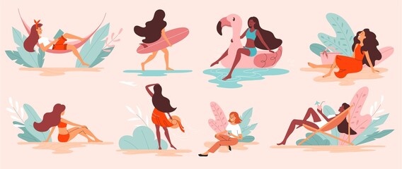Feminine at the seaside concept with a set of young diverse long-haired woman doing assorted summer activities, colored vector illustration
