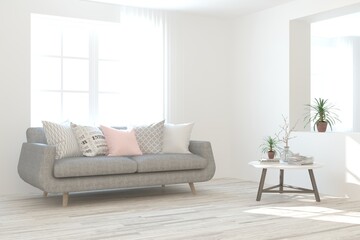 White stylish minimalist room with sofa. Scandinavian interior design. 3D illustration