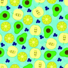 Fruits pattern. Background with juicy fruits. Fruit seamless pattern. Vector illustration.