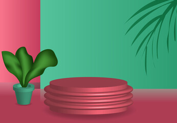 interior design podium and pot leaf vector realistic , template mockup clean studio closeup pink showcase interior sign , background beauty design spring floral isolated sign
