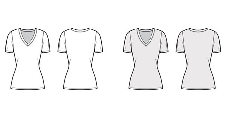 Deep V-neck jersey t-shirt technical fashion illustration with short sleeves, close-fitting shape, tunic length. Flat top apparel template front back white grey color. Women, men, unisex outfit mockup