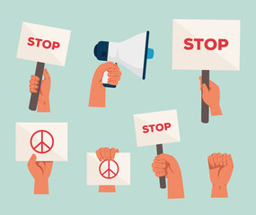 set icons of hands with placards and megaphone for protest vector illustration design