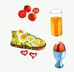 Fresh food for Breakfast with color illustrations sandwich, tomato, egg on a stand, a glass of orange juice. A set of ingredients.