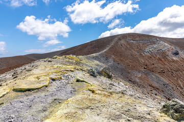 Vulcano, Sicily, Italy - July 21, 2020: View from sulphurous fumaroles from the top of the island...