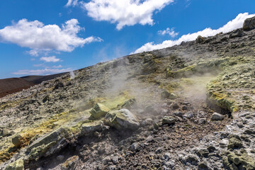 Vulcano, Sicily, Italy - July 21, 2020: View from sulphurous fumaroles from the top of the island...