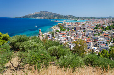 Obraz premium Picturesque panoramic landscape of Zakynthos town. Zakynthos island on Ionian Sea is situated on the west of Greece.