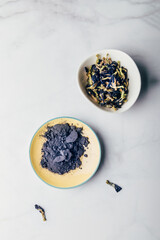 Dry powder for Blue matcha tea and butterfly pea flowers as healthy drink concept