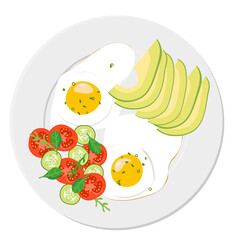 Top view plate with delicious healthy breakfast of fried eggs, avocado slices, fresh vegetable salad of tomatoes, cucumbers and arugula.