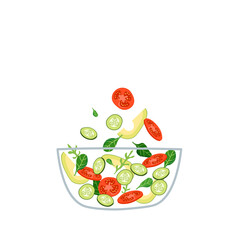 Fresh vegetable salad with green basil and arugula leaves in transparent bowl, vector illustration.