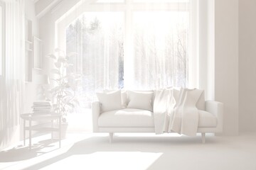 White stylish minimalist room in grey color with sofa and winter landscape in window. Scandinavian interior design. 3D illustration