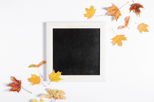 Autumn creative composition. Photo frame, dried leaves on white background. Fall concept. Autumn background. Flat lay, top view, copy space