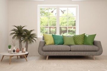 Fototapeta na wymiar White stylish minimalist room with sofa and summer landscape in window. Scandinavian interior design. 3D illustration