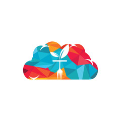 Healthy food logo template. Cloud with fork and leaf symbol.