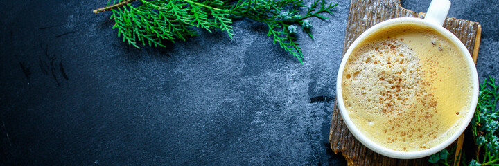 coffee hot foam cocoa cup or hot chocolate on the table new year mood Menu food background copy space 