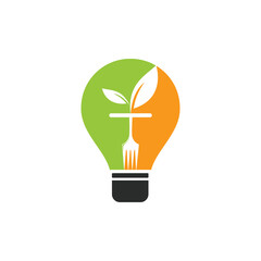 Healthy food idea logo design template. Bulb with leaf and fork icon design.