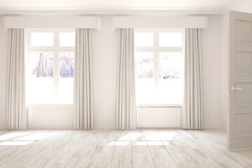 White stylish empty room with winter landscape in window. Scandinavian interior design. 3D illustration