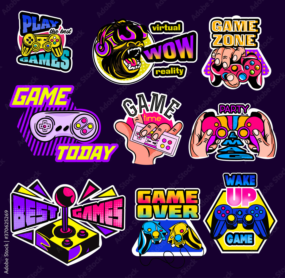 Poster set of nine different psychedelic game logos with bright colorful text and gaming devices isolated o