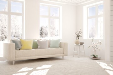 White stylish minimalist room with sofa and winter landscape in window. Scandinavian interior design. 3D illustration