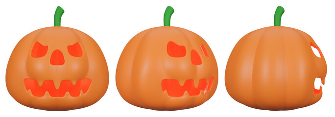 collection of scary yellow pumpkin isolated on white background with clipping path, 3D rendering, in halloween day concept