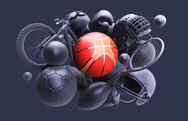 Sport balls pile rendering, mono colored background. Soccer, tennis, basketball, football,boxing, volleyball equipment set isolated on dark background.