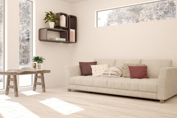 White stylish minimalist room with sofa and winter landscape in window. Scandinavian interior design. 3D illustration