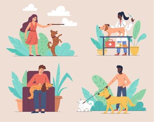 Pets concept with four scenes with dogs playing with a stick, at home, out walking and at the vet, colored vector illustration