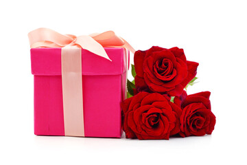Red roses with gift box.
