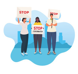 people with protests placards, group people holding banners, activists with strike manifestation sign, human right concept vector illustration design