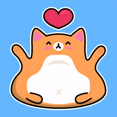simple vector kawaii cartoon illustration or sticker of a red ginger happy loving  cat with heart over it on blue background