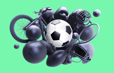 Soccer ball 3D rendering. Sport balls pile rendering, mono colored background. Soccer, tennis, basketball, football,boxing, volleyball equipment set isolated on green background.