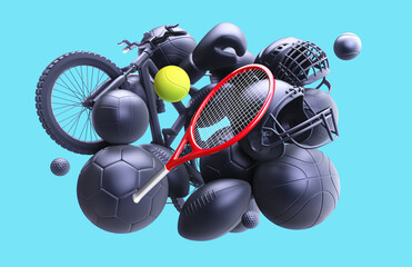 Tennis racket 3D rendering. Sport balls pile rendering, mono colored background. Soccer, tennis, basketball, football,boxing, volleyball equipment set isolated on blue background.