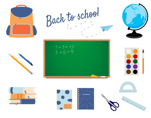 Fototapeta na wymiar Set of school equipment with Back to school sign. Bagpack, blackboard, globe, paper plane, pen and pencil, ruler, books, notebooks, scissors and paints with brush. Vector isolated elements.