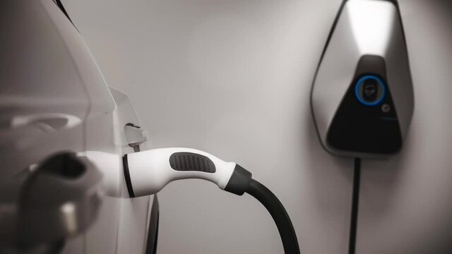 charging electric car in garage close up 3d animation