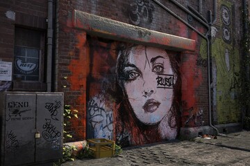 The gate of an old brick warehouse with graffiti of a girl's face. Urban landscape in grunge style.
Photorealistic 3D illustration.